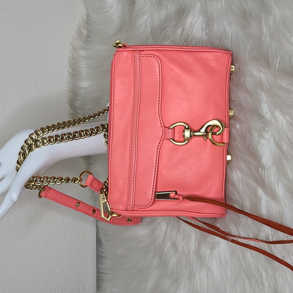 Rebecca Minkoff Mini Mac Bag Purse Genuine Leather Neon Pink Gold Tone Chain Fun - Picture 1 of 5
